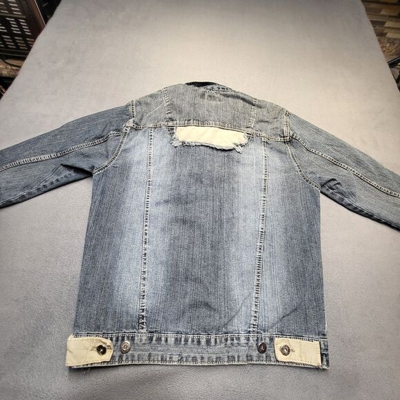 City Jean Jacket Womens L Blue Denim Trucker Distressed Y2K Grunge - Picture 7 of 8